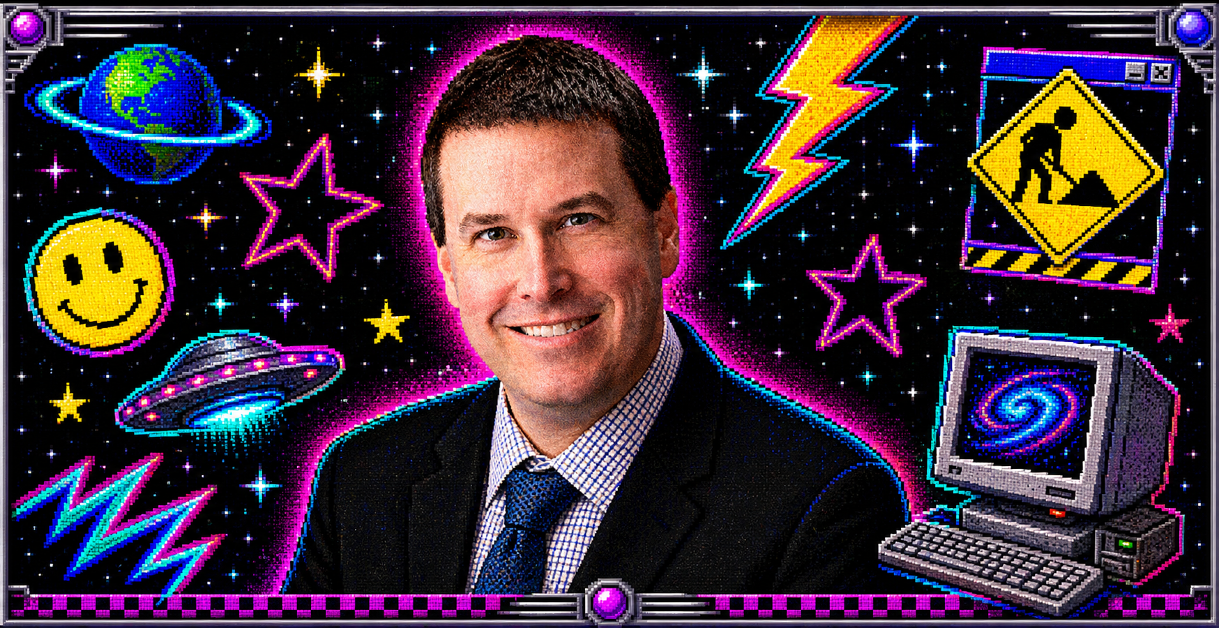Retro 90s web banner featuring Steve's portrait with stars, lightning, and neon Geocities-style graphics.